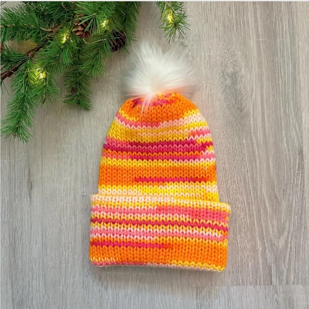 Handmade Knit Winter Beanie Hat Yellow/Orange/Pink